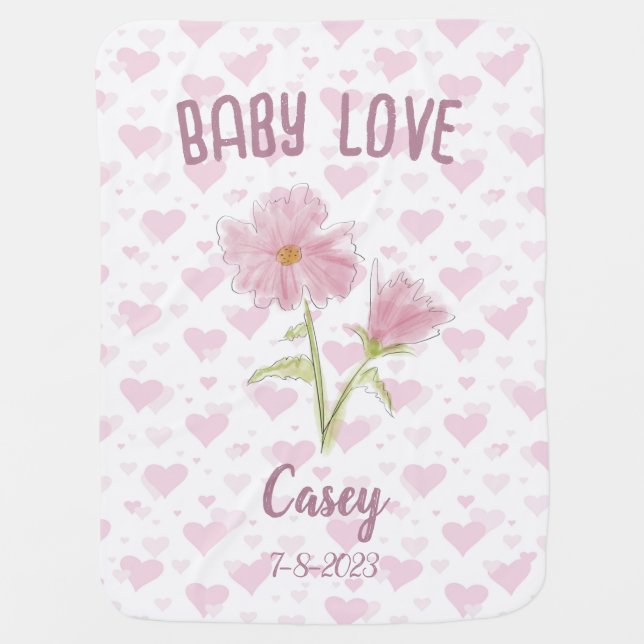 Personalized Heart and Flowers Baby Blanket (Front)