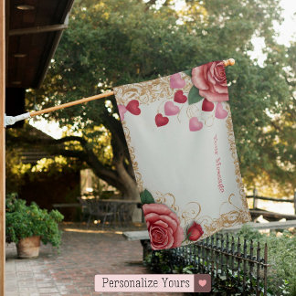 Personalized Heart and Rose House Flag
