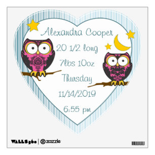 Personalized Heart Baby Girl Stats Owl Wall Decal