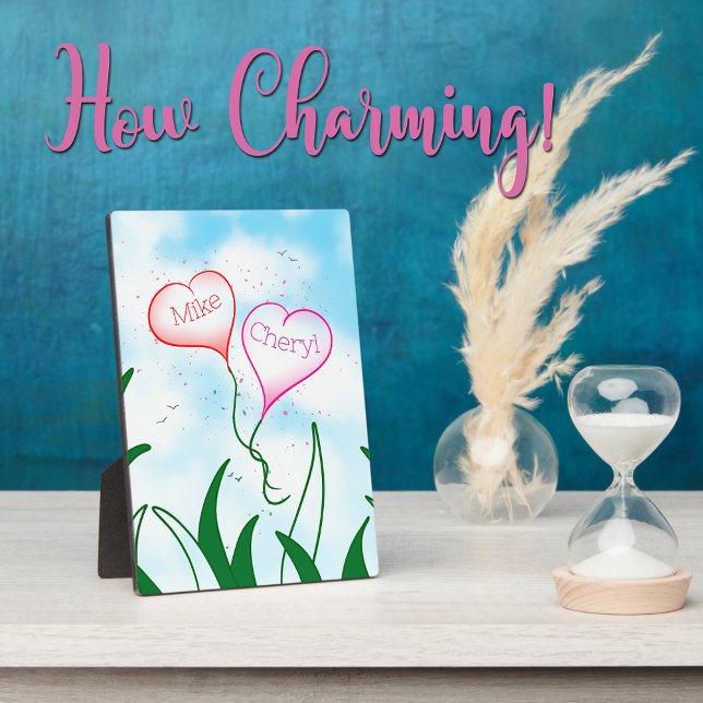   Personalized Heart Balloon Couple Name Plaque    (Personalized romantic couples tabletop plaque with heart balloons for custom names in a dreamy sky.)