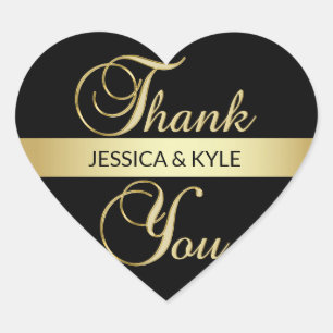 Personalized Heart Black Gold Wedding Thank You Sticker
