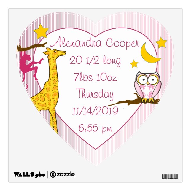 Personalized Heart Girl Baby Stat Stork Wall Decal (Front)
