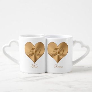 PERSONALIZED Heart Golden 50th Anniversary Mugs Couples' Coffee Mug Set