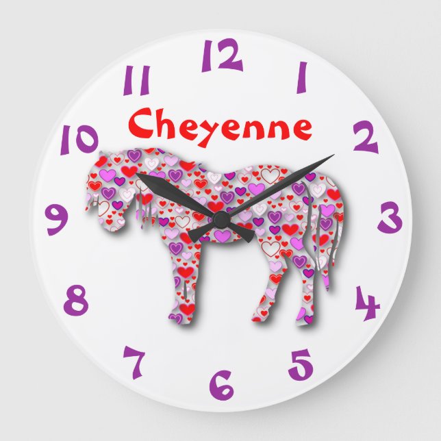 Personalized Heart Horse Purple, Pink and Red Pony Large Clock (Front)