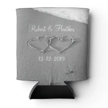 Personalized heart in sand wedding can coolers