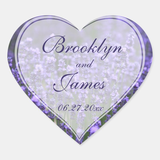 Personalized Heart Lavender Wedding Stickers (Front)