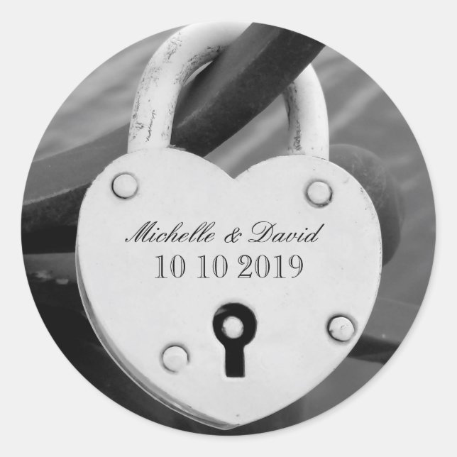 Personalized heart love lock wedding date stickers (Front)