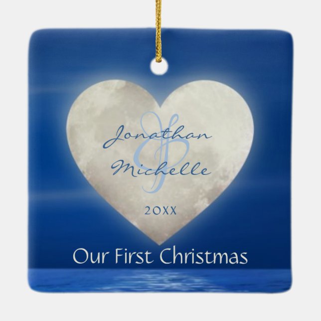 Personalized Heart Moon Love Our First Christmas Ceramic Ornament (Back)