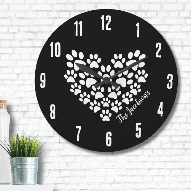 Personalized Heart Paw Prints Large Clock (Personalized Cute Black White Paw Print Heart Large Clock)