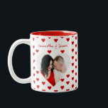 Personalized heart photo & couple's names mug<br><div class="desc">Modern red and white coffee mug,  featuring small red hearts with a heart-shaped photo and your names. If you need any help customizing this,  please message me using the button below and I'll be happy to help.</div>