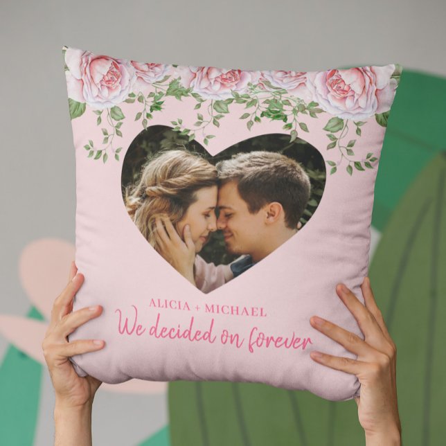 Personalized heart photo pink roses engagement throw pillow (Creator Uploaded)