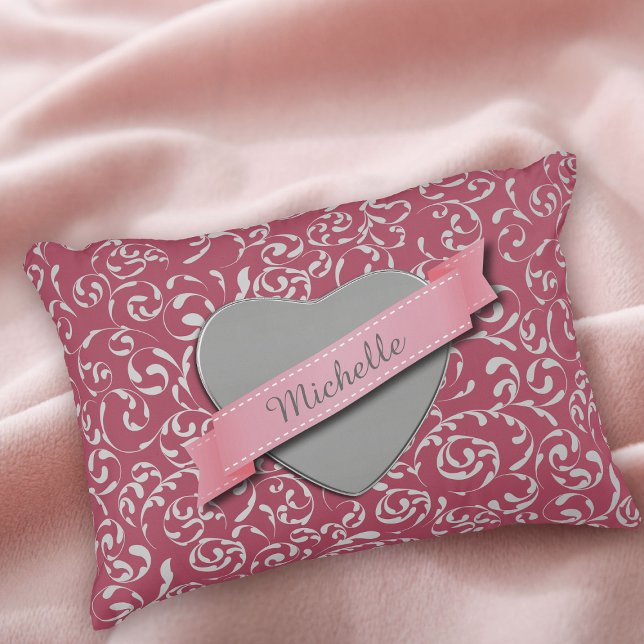 Personalized Heart Pink Damask Accent Pillow (Creator Uploaded)