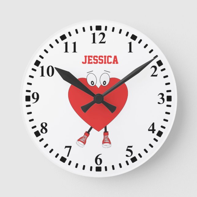 Personalized Heart Shape Red Cute Love Design Round Clock (Front)
