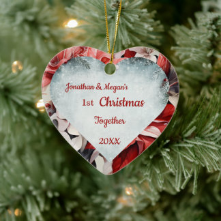Personalized Heart Shaped Poinsettia Christmas Ceramic Ornament