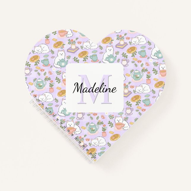 Personalized Heart Tea & Bookish Cats Pastel Girly Notebook (Front)