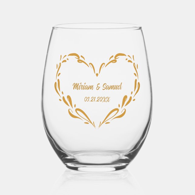 Personalized Heart Wedding Anniversary Keepsake Stemless Wine Glass (Front)