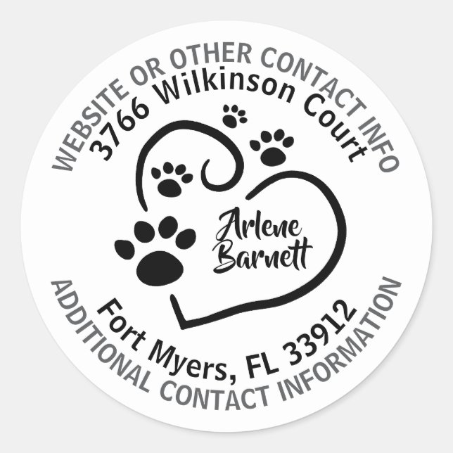 Personalized Heart with Paw Prints & Contact Info Classic Round Sticker (Front)