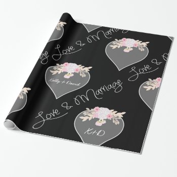 Personalized Hearts And Flowers Chalkboard Wedding Wrapping Paper by PetitePaperie at Zazzle