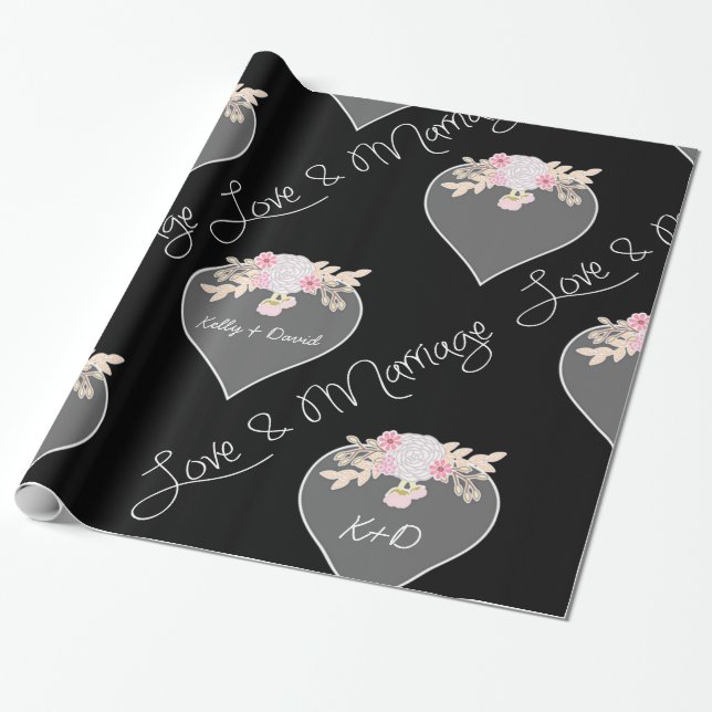 Personalized Hearts and Flowers Chalkboard Wedding Wrapping Paper (Unrolled)