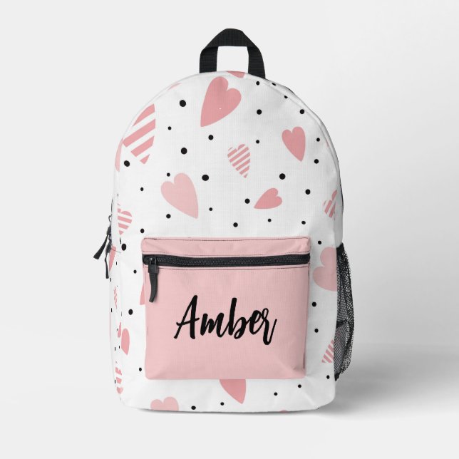 Personalized  Hearts and Polka Dots Printed Backpack (Front)