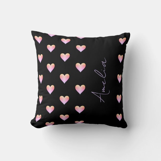 Personalized Hearts Black Pink Modern Throw Pillow (Front)