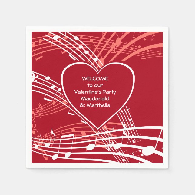 Personalized Hearts Music Valentines Party Paper Napkins (Front)