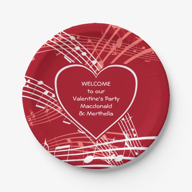 Personalized Hearts Music Valentines Party Paper Plates (Front)