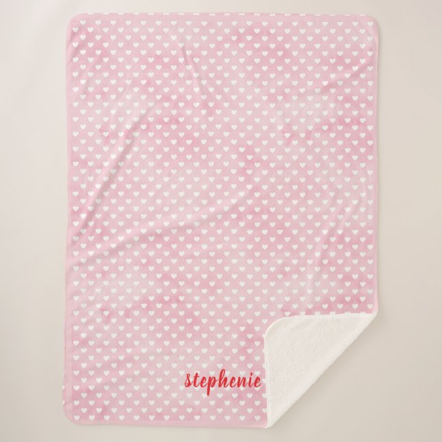 Personalized Hearts on Pink Sherpa Blanket (Front)