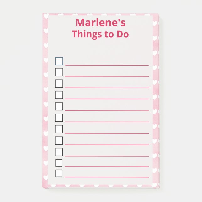 Personalized Hearts on Pink Things to Do Post-it Notes (Front)