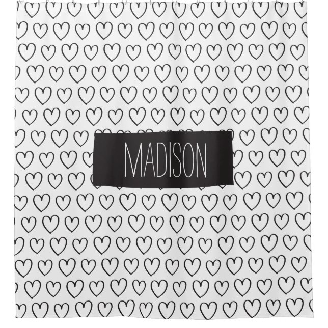 Personalized Hearts Shower Curtain-Black and White Shower Curtain (Front)