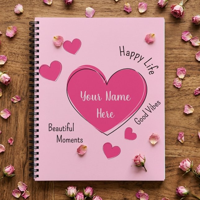 Personalized Hearts Spiral Notebook Sketchbook (Fully customizable pink hearts spiral notebook sketchbook with editable text)