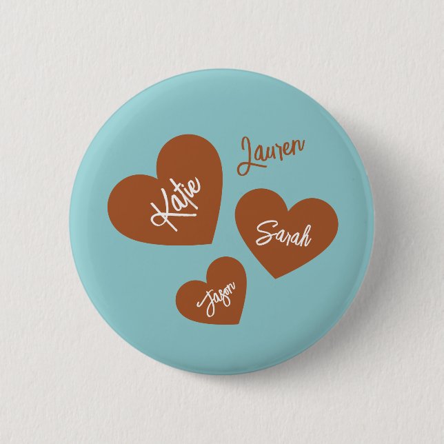 Personalized Hearts With Children's Names Teal Button (Front)
