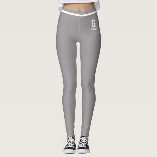 Personalized Heather Gray White Striped Monogram Leggings (Front)