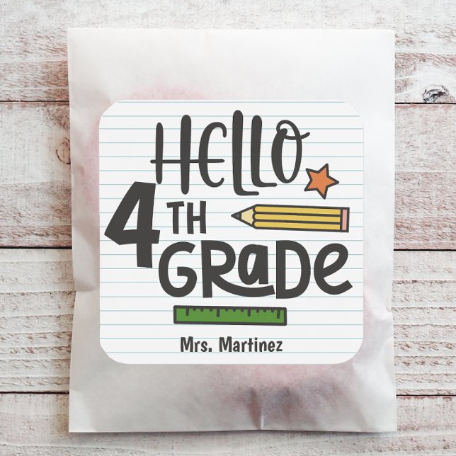 Personalized Hello 4th Grade Square Sticker (Personalize this back to school sticker with just a few clicks.)