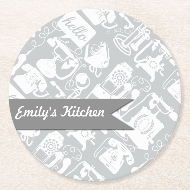 Personalized Hello Gray Retro Telephone Round Paper Coaster (Front)