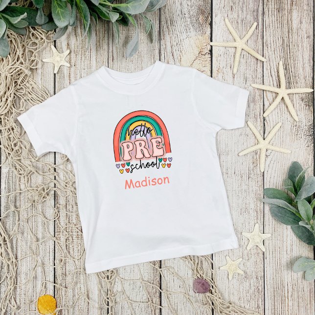 Personalized Hello Pre-School Rainbow Hearts Toddler T-shirt (Hello Pre-school Personalized T-shirt for her)