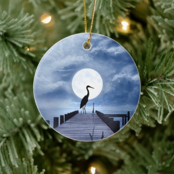Personalized Heron On Pier With A Full Moon Beach Ceramic Ornament by TheBeachBum at Zazzle