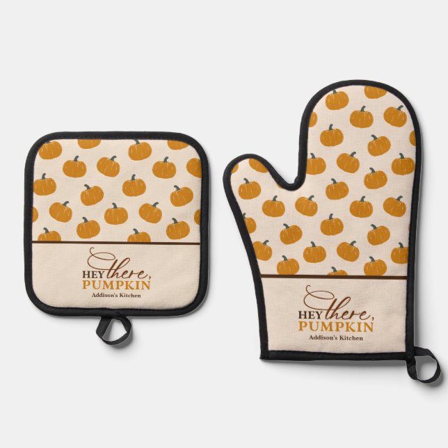 Personalized Hey There Pumpkin Apron Oven Mitt & Pot Holder Set (Front)