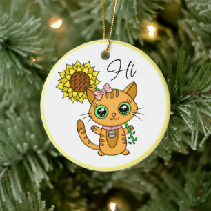 Personalized Hi and Hugs   Cute Cat with Sunflower Ceramic Ornament