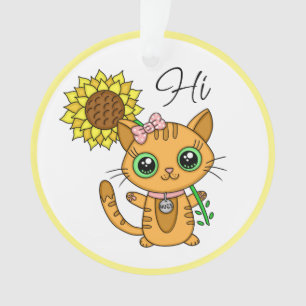 Personalized Hi and Hugs   Cute Cat with Sunflower Ornament