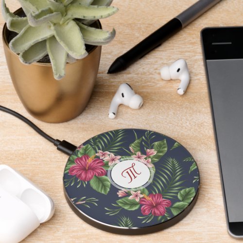 Personalized Hibiscus Flower Monogram PB Wireless Charger