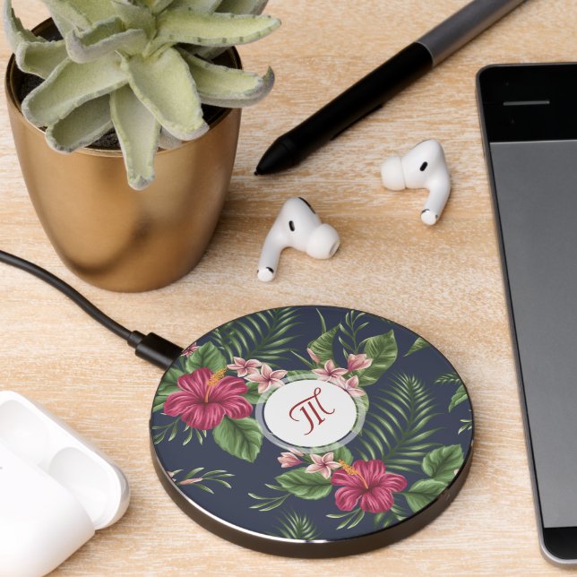 Personalized Hibiscus Flower Monogram PB Wireless Charger (Desk 2)