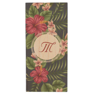 Personalized Hibiscus Flower Monogram Wood USB Flash Drive
