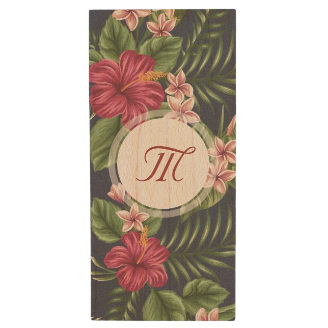 Personalized Hibiscus Flower Monogram Wood USB Flash Drive (Front Vertical)