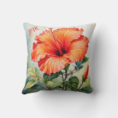 Personalized Hibiscus Water Color Throw Pillow