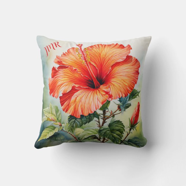 Personalized Hibiscus Water Color Throw Pillow (Back)