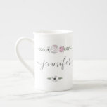 Personalized high tea bridal shower guest flower bone china mug<br><div class="desc">This elegant and modern tea mug is a wonderful souvenir and usable gift for your bridal shower tea party. Imagine your guests finding their place on the table and being delighted to discover their tea cup has been personalized just for her. Design features flower illustration in pinks, grey, white and...</div>