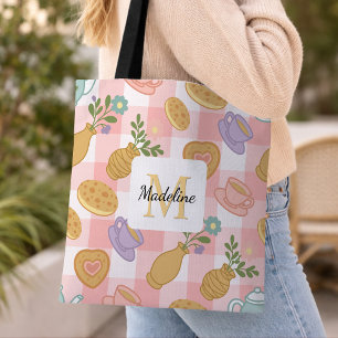 Personalized High Tea Florals Monogram Pastel Pink Tote Bag