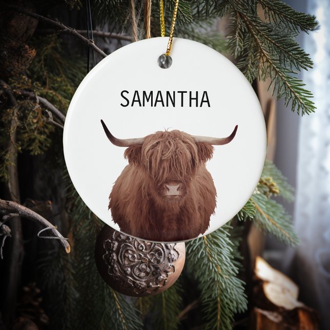 Personalized Highland Cow Farmhouse Rustic  Ceramic Ornament (Creator Uploaded)