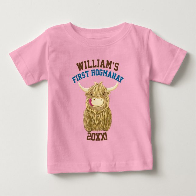 Personalized Highland Cow First Hogmanay Baby T-Shirt (Front)